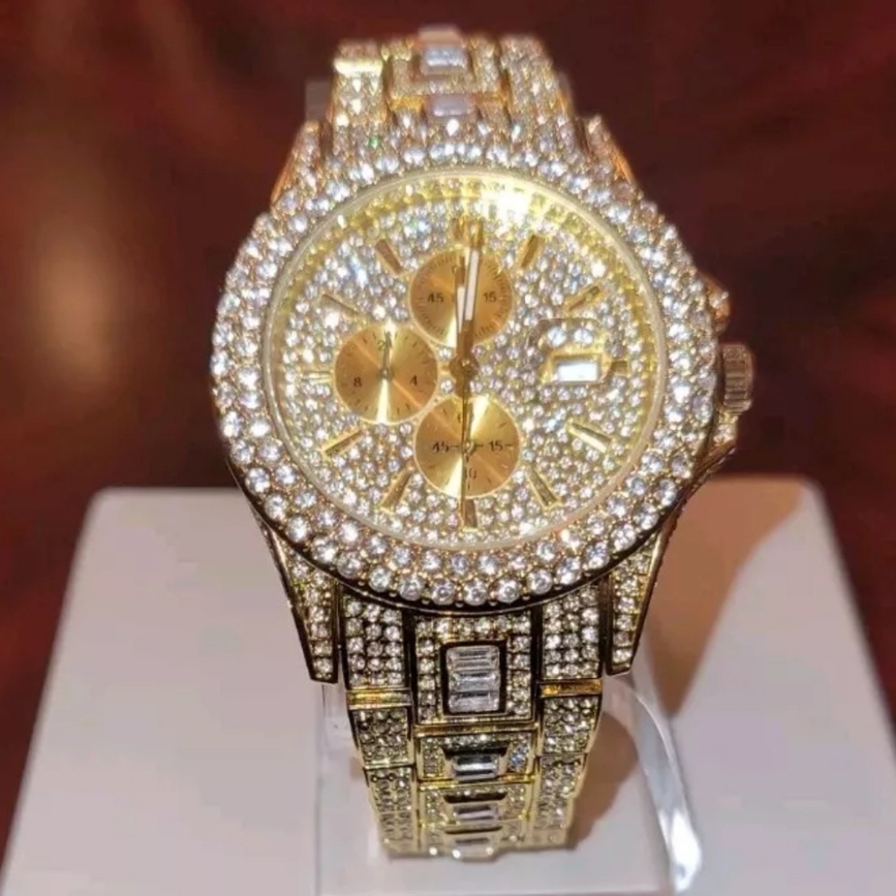 Men's Fully Covered Iced Goldplated Simulated Diamond Quartz Waterproof Watch